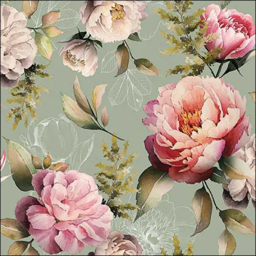 Servetten papier Pioenrozen groen 33x33 cm